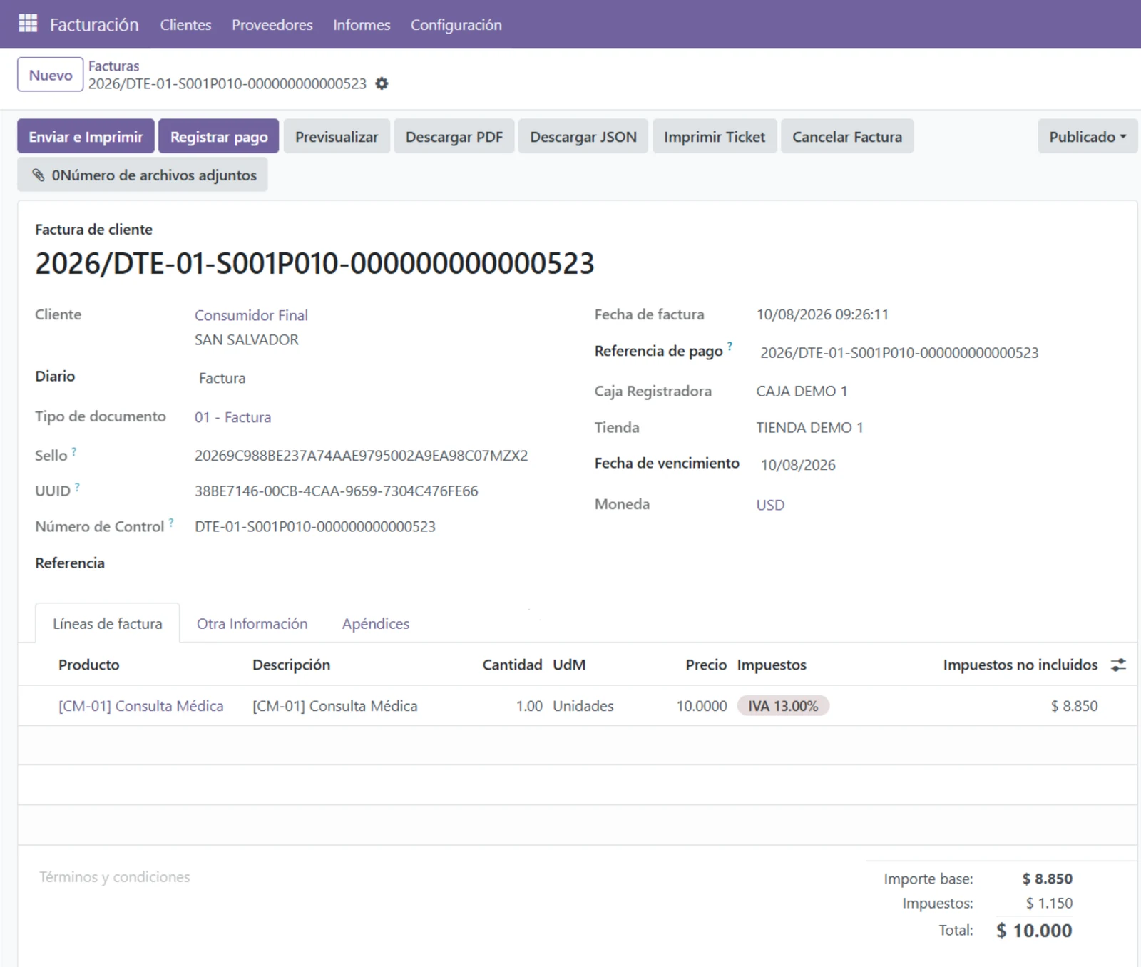 Factura electrónica ya emitida en el sistema, con su número de DTE, el sello de Hacienda, el UUID y el número de control llenos, y el estado en Publicado.