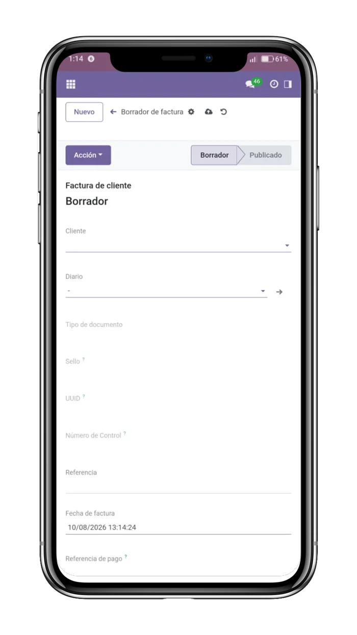 Teléfono mostrando la pantalla de emisión de Factura IA: una factura de cliente en borrador, con sus campos de cliente, diario, tipo de documento, sello, UUID y número de control.